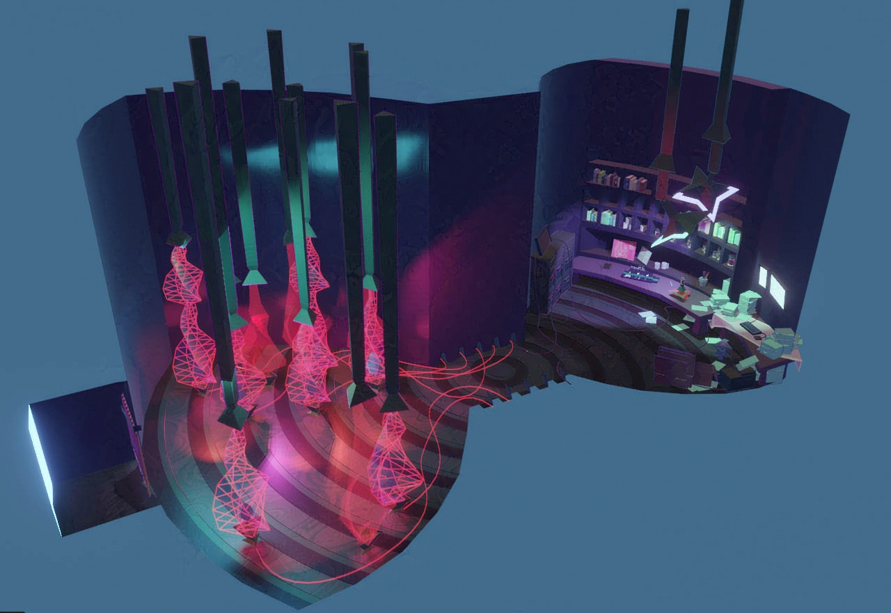 Biology lab with neon cocoons.